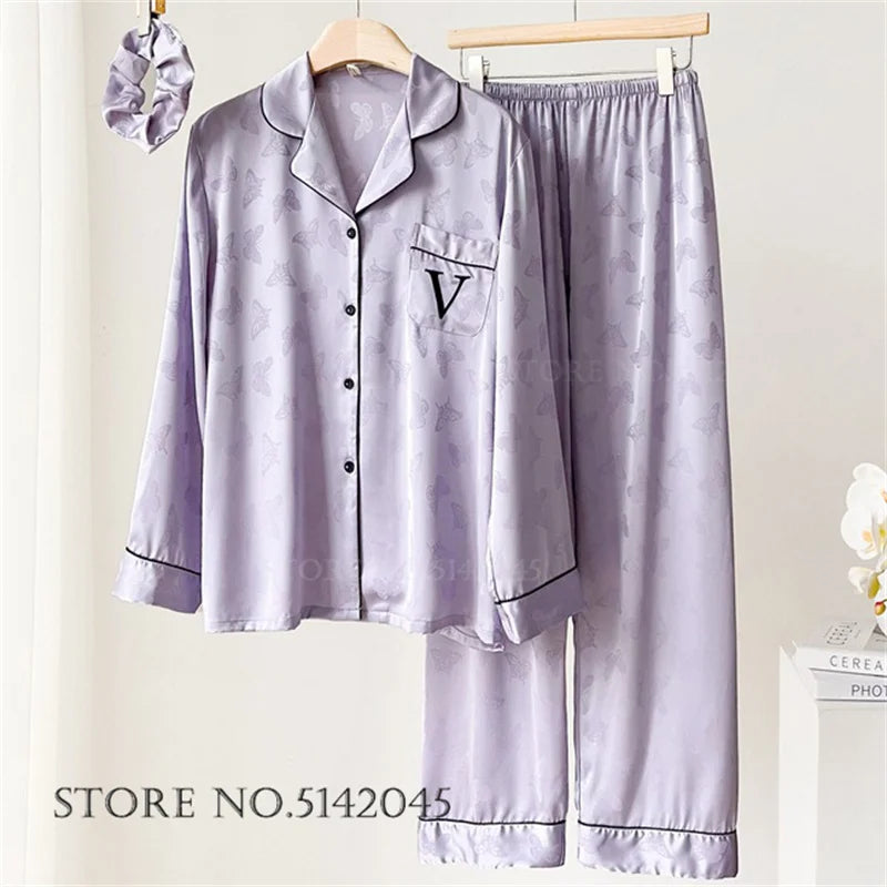 Female 2pcs Pajamas Set Sleepwear Long Sleeve Trouser Pijamas Suit.