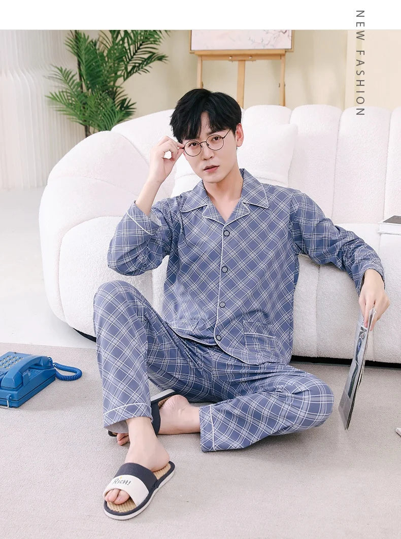 Men's Pajamas Spring Fall and Winter Plaid Printed Long-Sleeved.