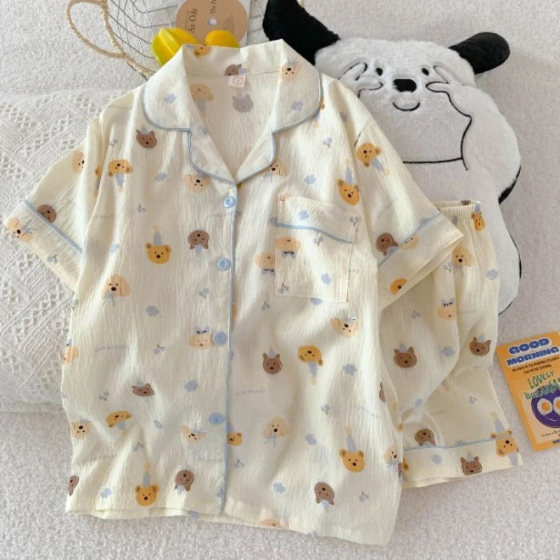 Comfortable Short Sleeved Shorts Cardigan Student Pajamas Women's Summer.