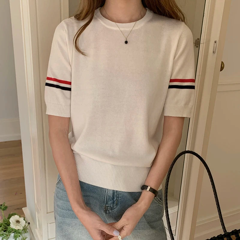 Summer  cotton women's T-shirt casual striped knit pullover short sleeved.