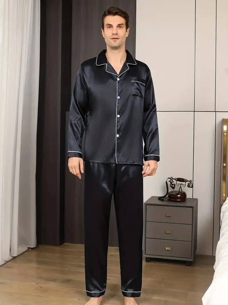 Men Pajamas Set Silk Satin Nightwear Shirt Long Sleeve.