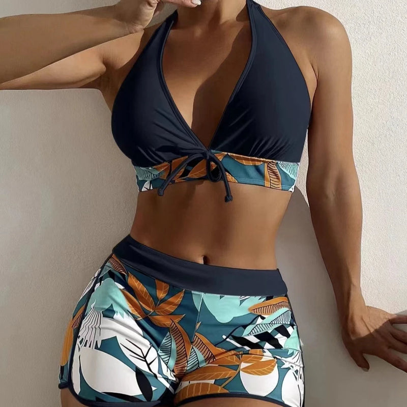 15 Colors Swimwear Women Two-Piece Suit Patchwork Halter Bikini Top.
