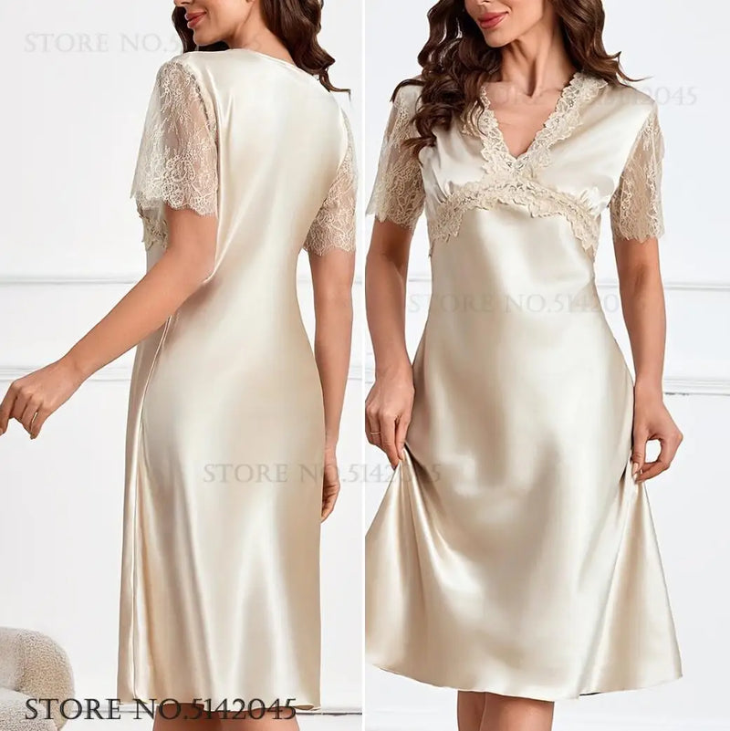 Women Nightgown Sleepwear Elegant V-Neck Lace Short Sleeve Nightdress.