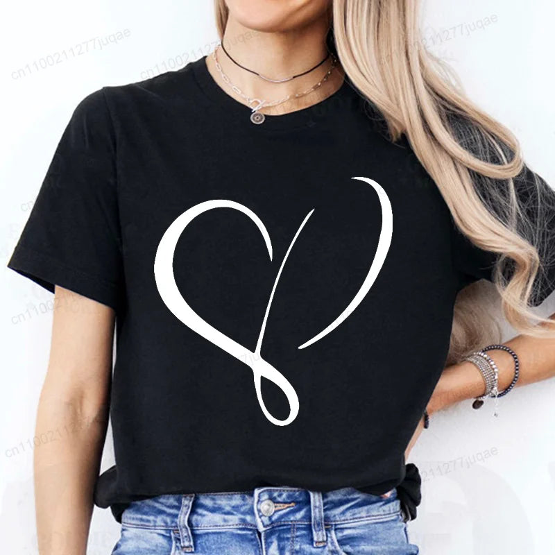 Women Love Heart Design T-Shirts Fashion Casual Short Sleeve.
