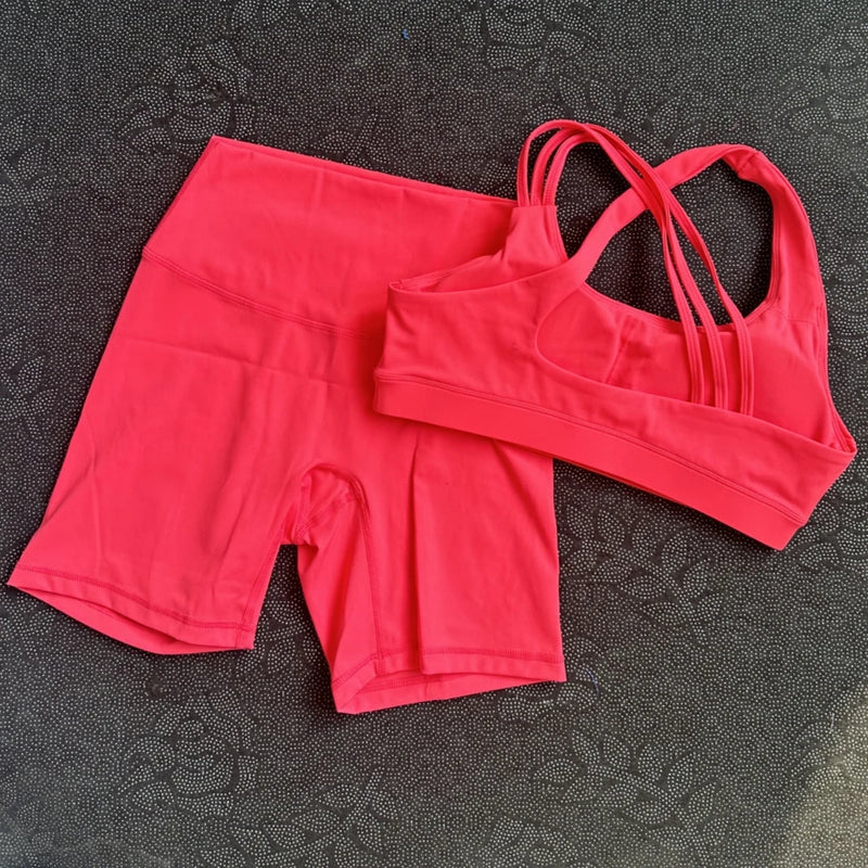 Solid Color Gym Yoga Set Short Legging Cross Back Shoulder Strap Sport Bra Tracksuit Women.