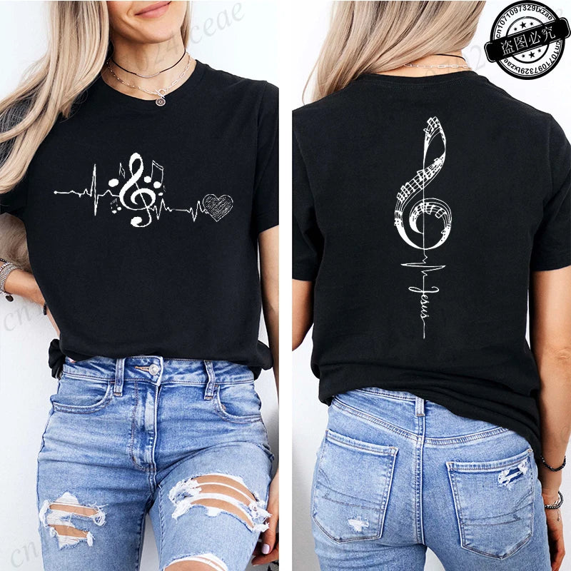 Musical Notes Printed T-Shirt for Women,Heartbeat Music Graphic Tee.