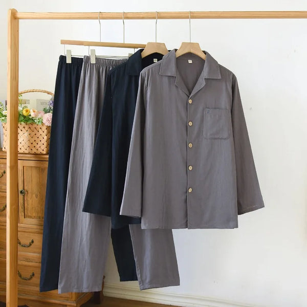 Men's Pajama Set Cotton Gauze Solid Color.