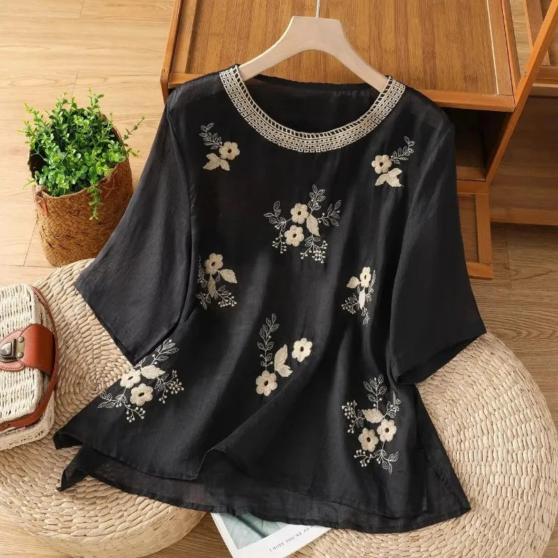 Women's Casual Linen Blouse Floral Embroidery Round Neck Short Sleeve.