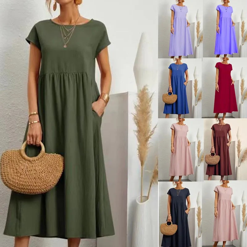 Women Vintage Solid Dress Summer Elegant.
