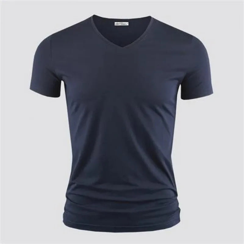 Men's T Shirt Pure Color V Collar Short Sleeved Tops Tees Men T-Shirt Black Tights.