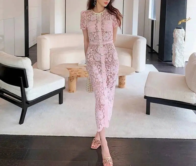 Women’s Lace Midi Dress Diamonds Bow Pink Floral Crystal Short Sleeve.