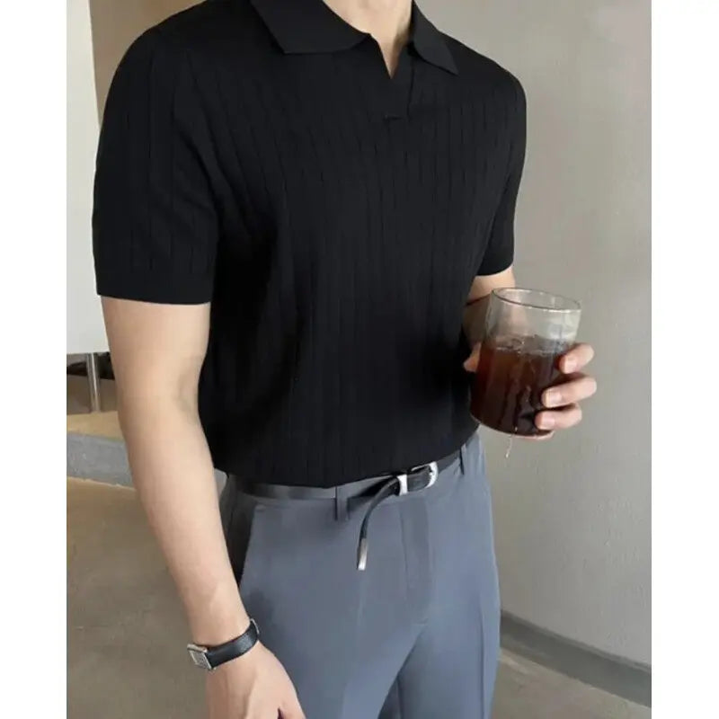 Men Slim Fit Polo Shirts Solid Stretch Sexy Collared TShirt Fashion.