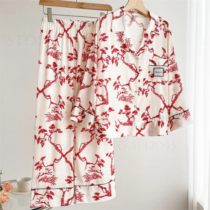 Pink Print Women 2PCS Pajams Set Spring Summer Sleepwear Loungewear.