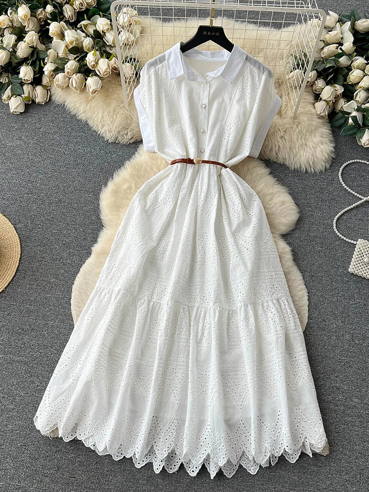 Women Summer Dress Loose Breasted Lace Up Long Dress.