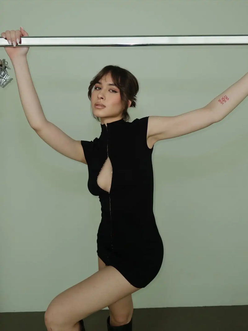 Kpop Black Hollow Out Mini Dress Women.