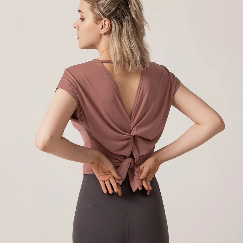 Women's Split Side Yoga Top Sexy Open Back Fitness T-shirt.