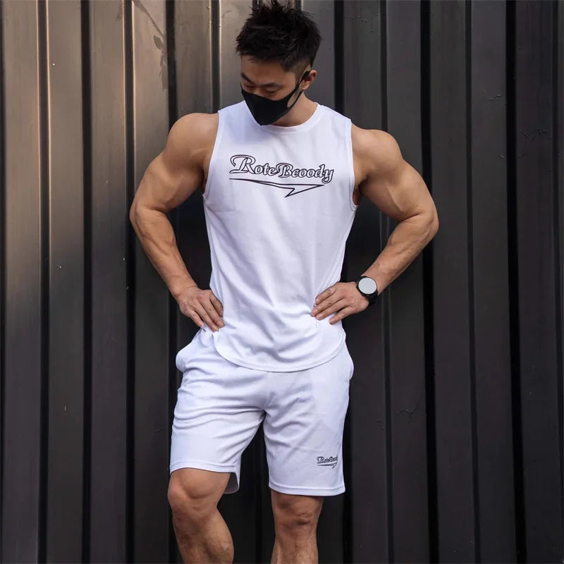 Men’s casual sport suit men running fitness vest+Shorts two-piece set.