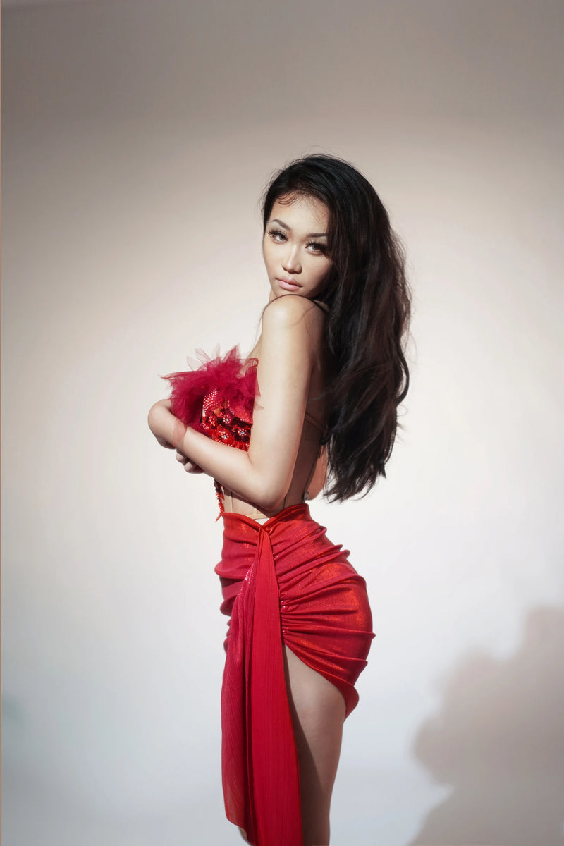 Gold Color Women Sexy 2 Pieces Strapless Bodycon Mini Dress.