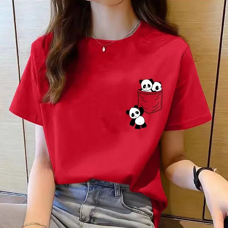 Women Short Sleeve Top Summer New Pocket Panda Cartoon Printed T-shirt.