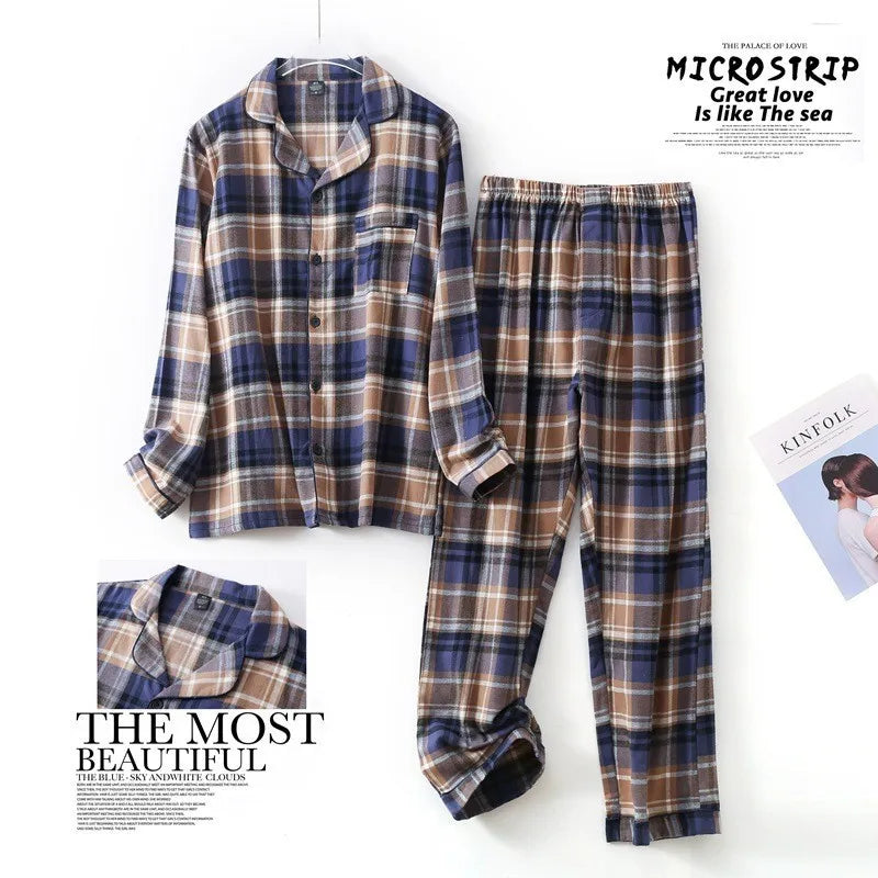 Men's Long Sleeve Plaid Velvet Set Autumn Winter Pajamas.