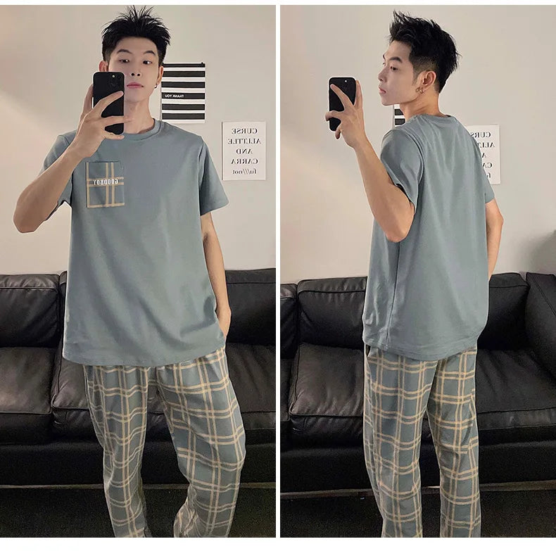 Summer Knitted Plaid Cool Mens Pyjamas Pajamas Casual Pjs Lounge Sets.
