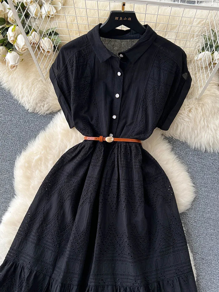 Women Summer Dress Loose Breasted Lace Up Long Dress.