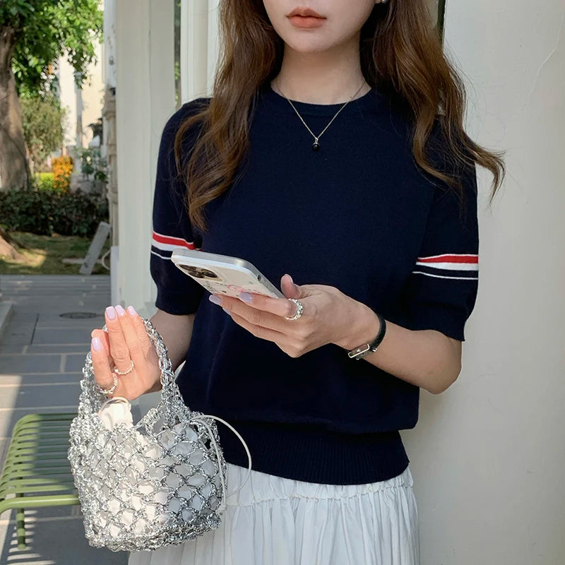 Summer  cotton women's T-shirt casual striped knit pullover short sleeved.