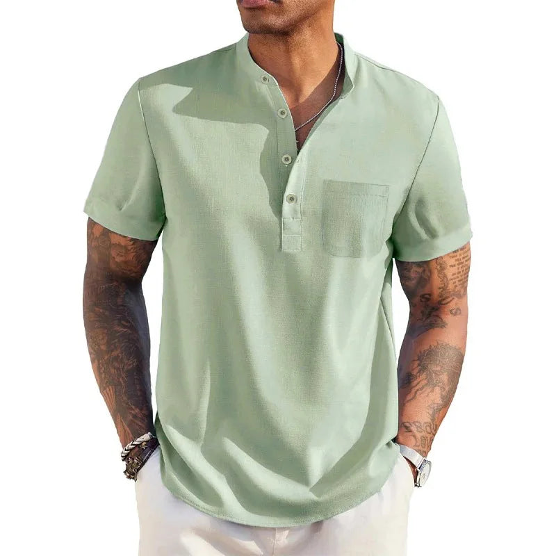 Summer Men's Cotton Linen T-Shirt Henley Neck Pocket Casual Lightweight.