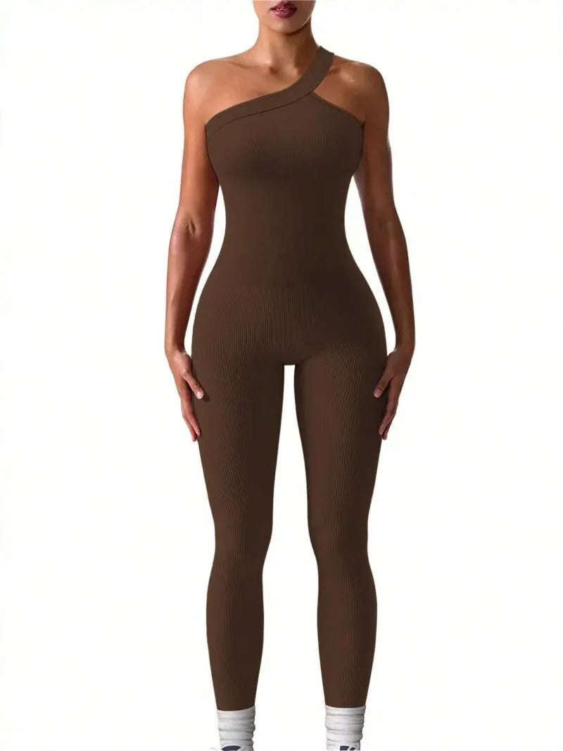 Women Yoga Jumpsuits Workout Ribbed One Shoulder One Piece Sport.