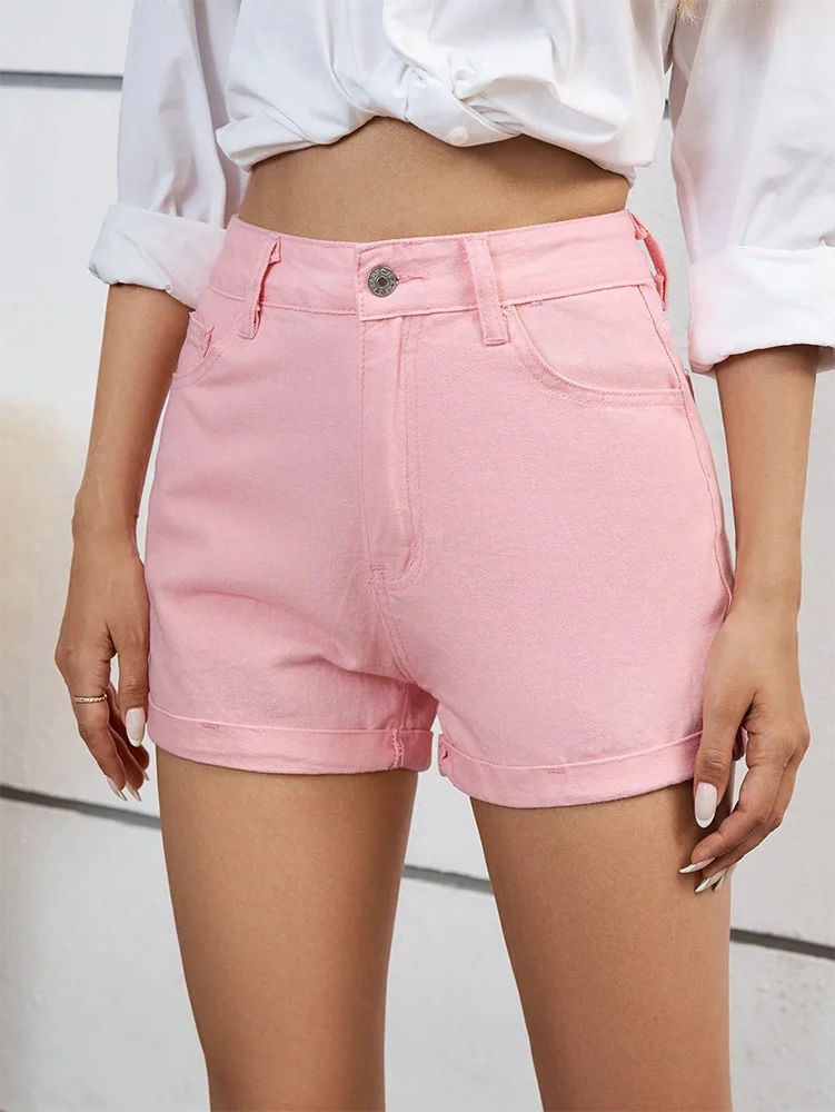 Benuynffy Zipper Fly Roll Up Hem Denim Shorts Women Fashion Summer.