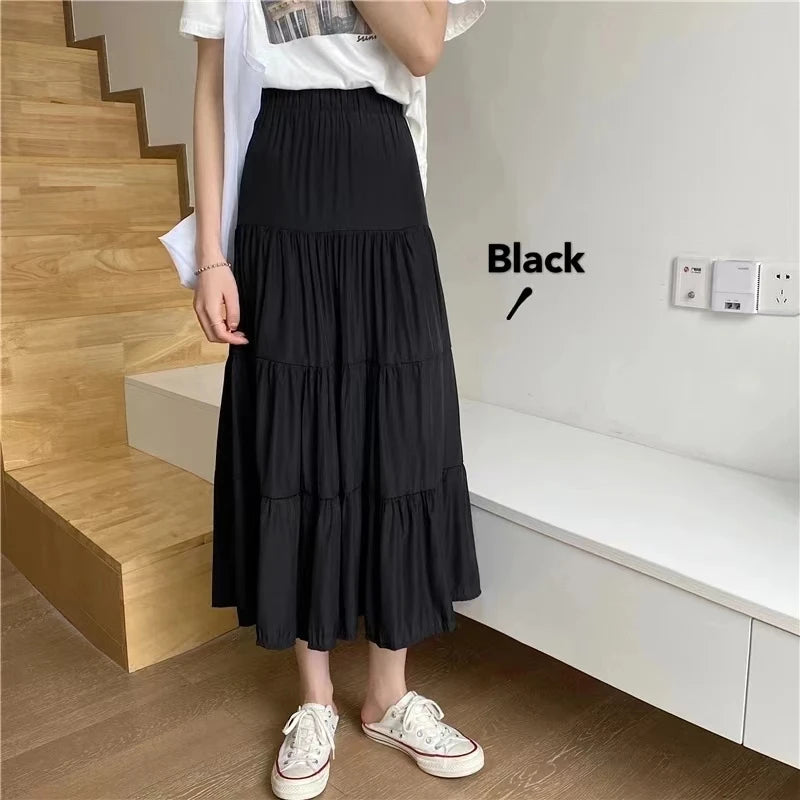 Spring Summer Women Skirts Vintage High Waist Elastic Patchwork.