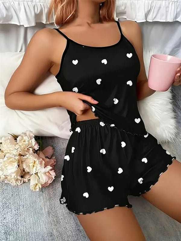 Women's Pyjamas Two-Piece Suspender Heart Printed Top and Shorts.