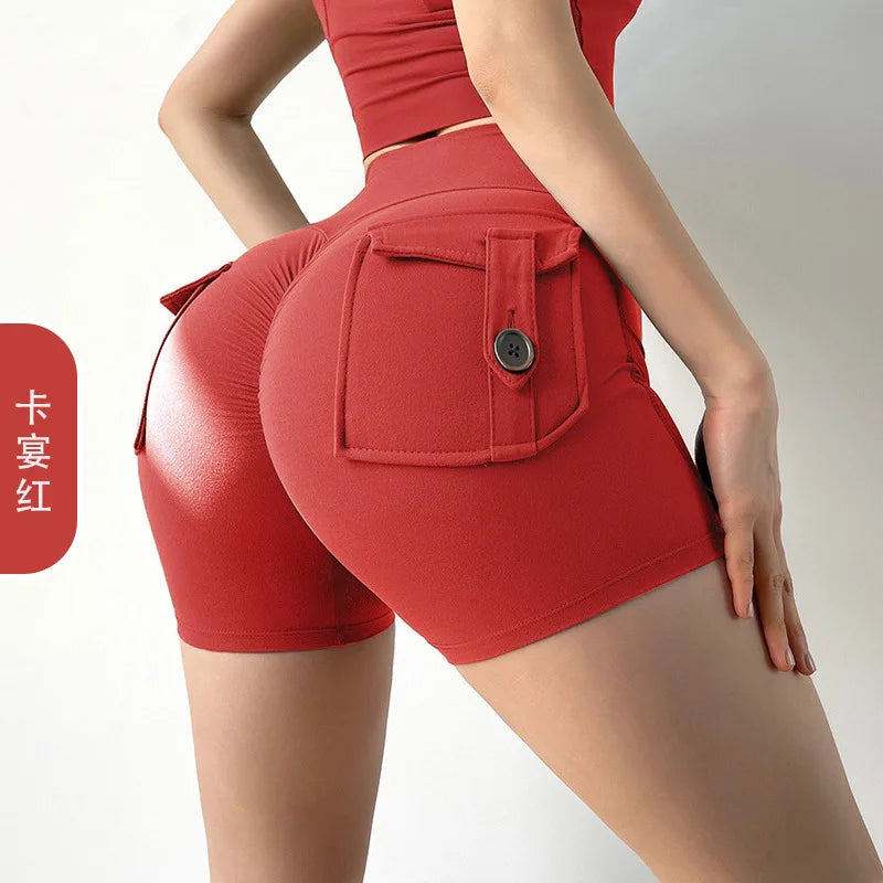 Fitness Exercise Three-Quarter Pants Cargo Air Dry Pocket Yoga Tight lift the hips Women's Shorts.