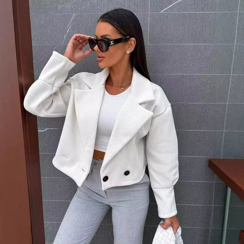 Women Casual Lapel Neck Long Sleeve Button Decor Loose Fit Short Blazer.