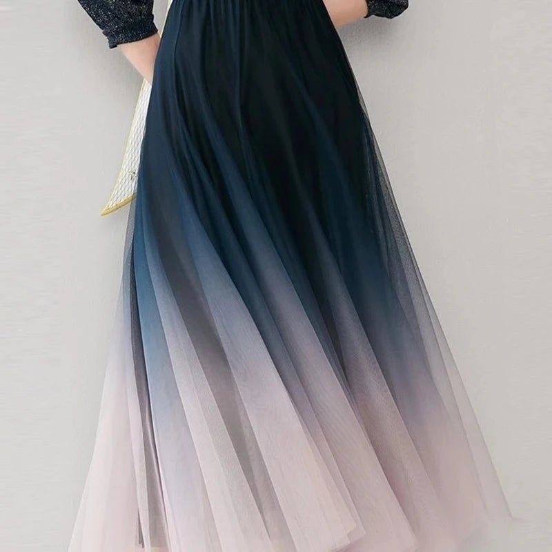 Elegant Tulle Skirts Women High Waist Gradient Mesh Pleated Midi Skirt.