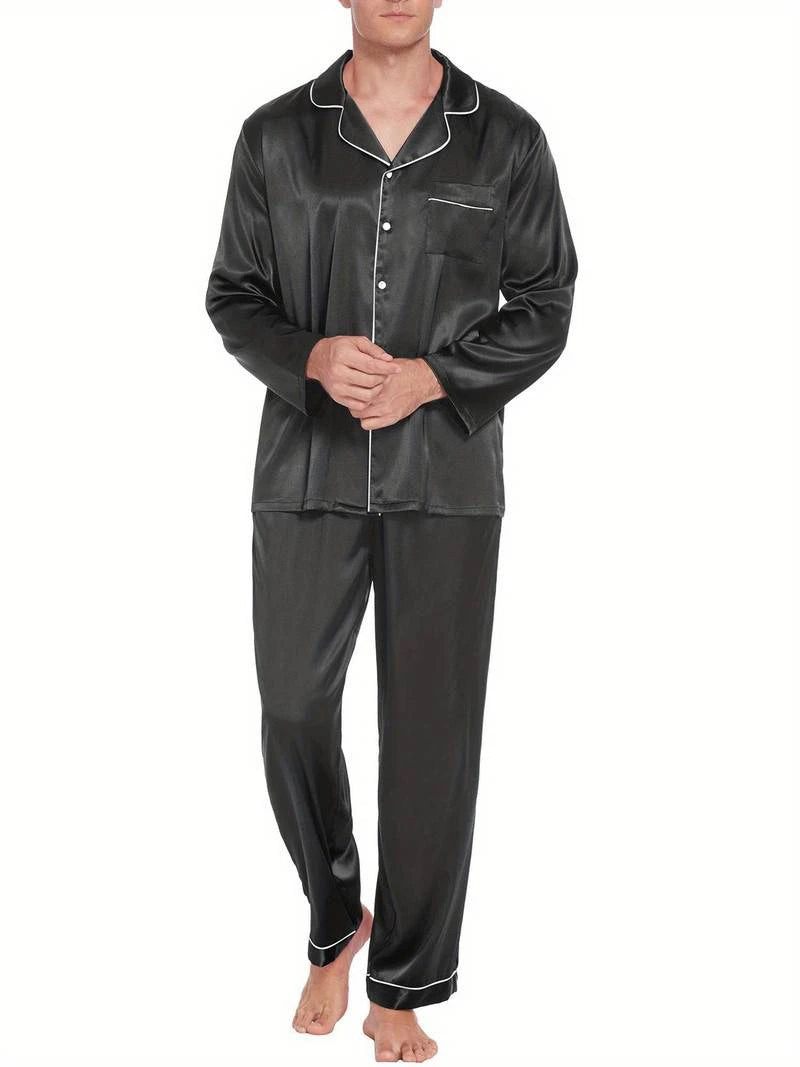 Men's Satin Pajama Set For Men Long Sleeve Button-down Top.