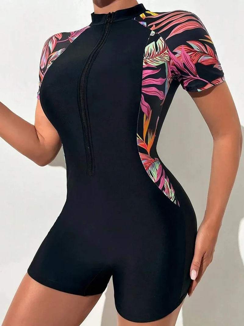 One Piece Floral Swimwear Swim Suit Women Short Sleeve Swimsuit.