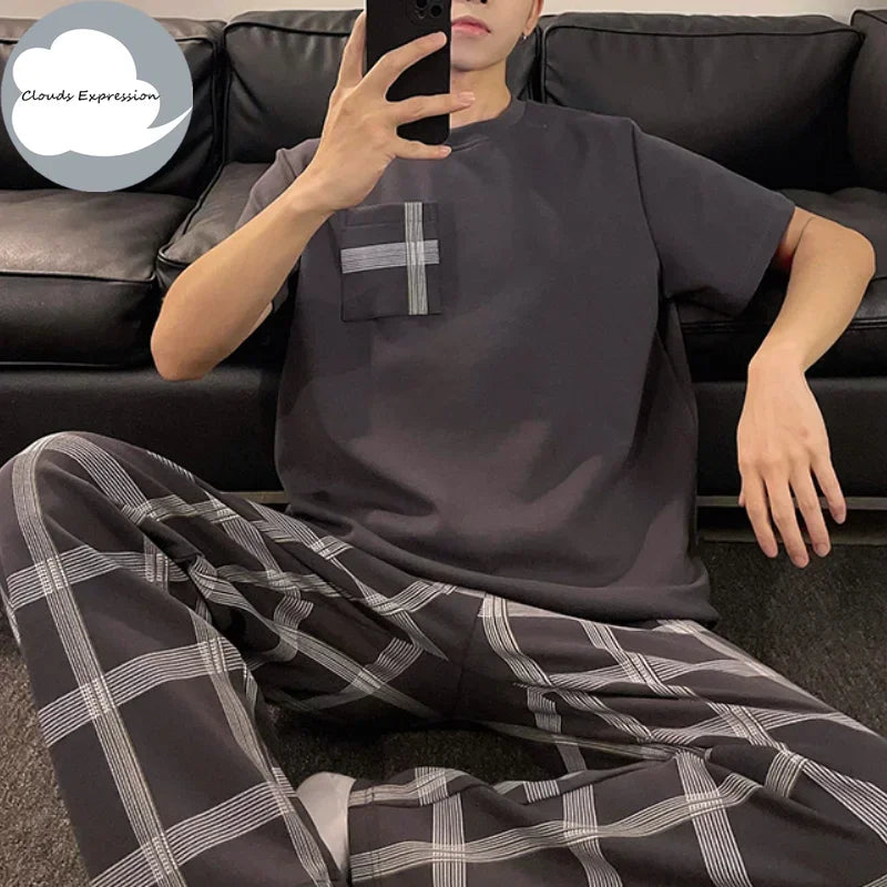 Summer Knitted Plaid Cool Mens Pyjamas Pajamas Casual Pjs Lounge Sets.