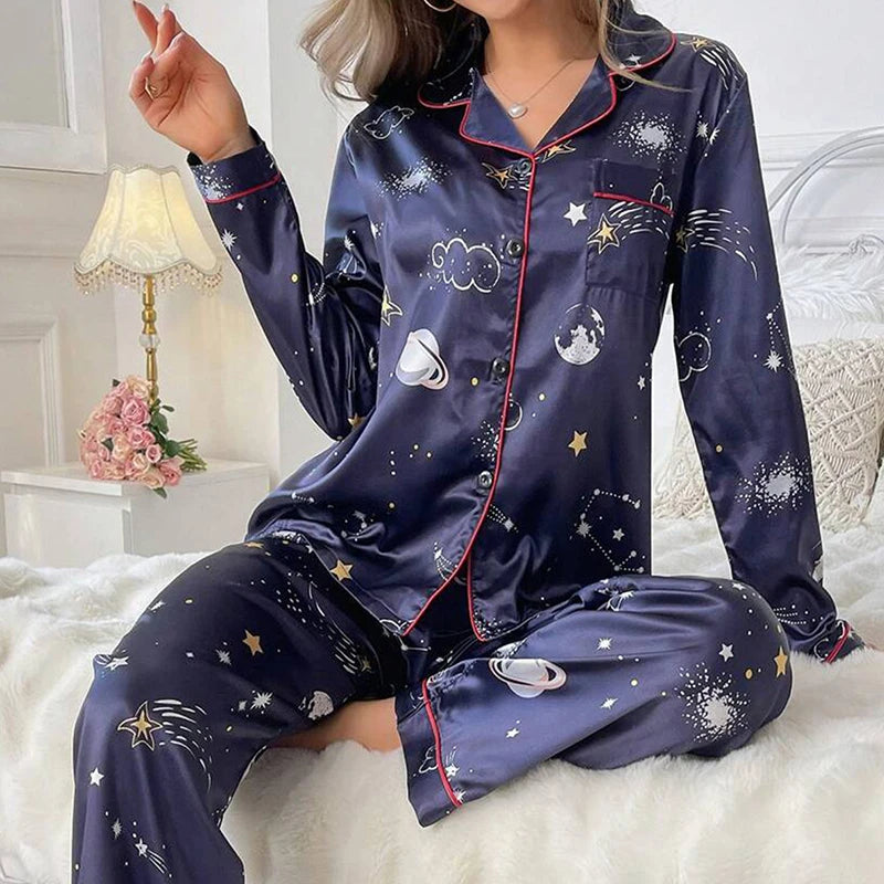 Cute Cat Print Pajama for Women Satin Long Sleeve Lapel Collar Tops & Pants Pyjama.