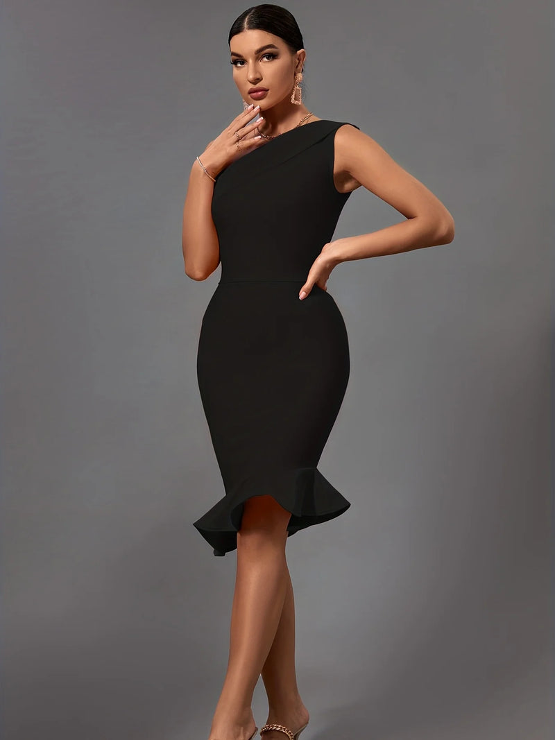 Mermaid Midi Bandage Dress Women Black Bodycon Dress Evening Party.