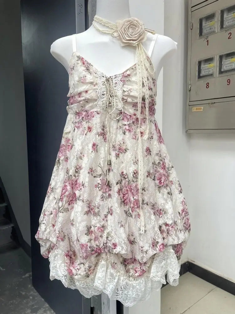 Women’s  Sweet Kawaii Y2k Min Dress Lolita Cute Sleeveless Floral Dress.