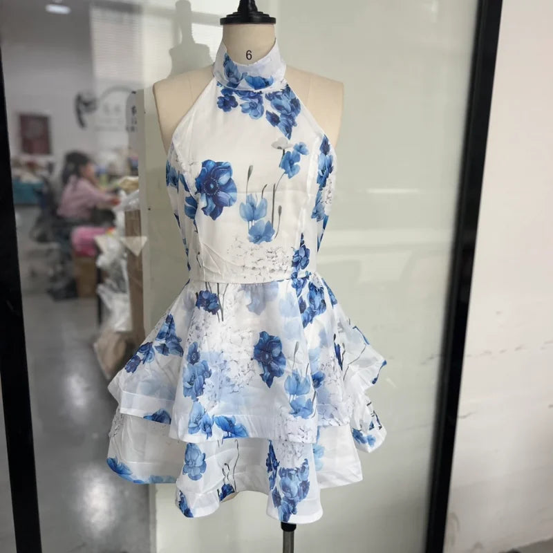 Women’s Chic Floral Printed Mini Dress Backless Sleeveless.