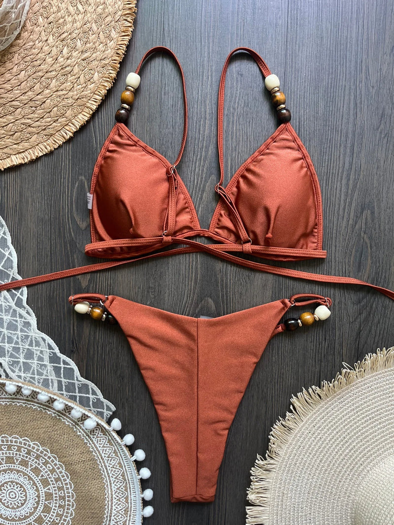 Sexy Brown Bikini Set Women Pearls Strap Hole Out Push Up Bra Thong.