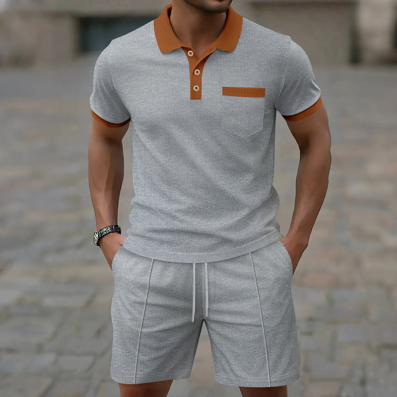 Men waffle pocket color matching POLO shirt short sleeve shirt T-shirt shorts two sets.