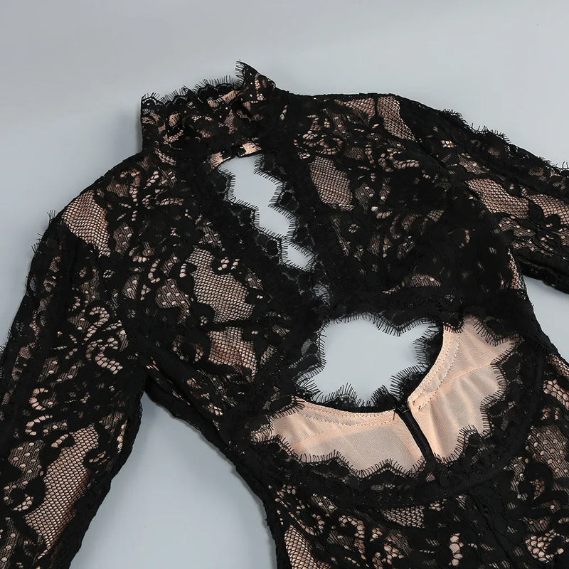 Women’s VC Black Lace Cut Out Long Dress Backless High Split.