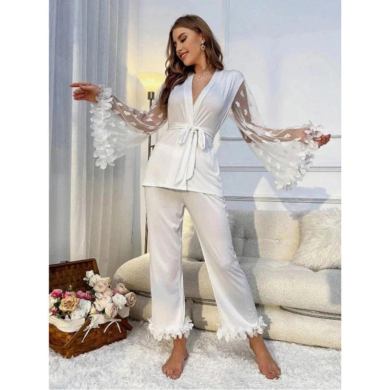 Sexy Sleepwear Net Mesh Flared Sleeve Petal-like Silk-Like Embroidery Women's Homewear.