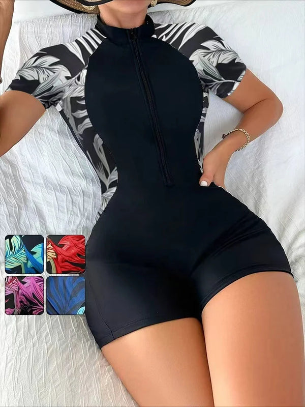 One Piece Floral Swimwear Swim Suit Women Short Sleeve Swimsuit.