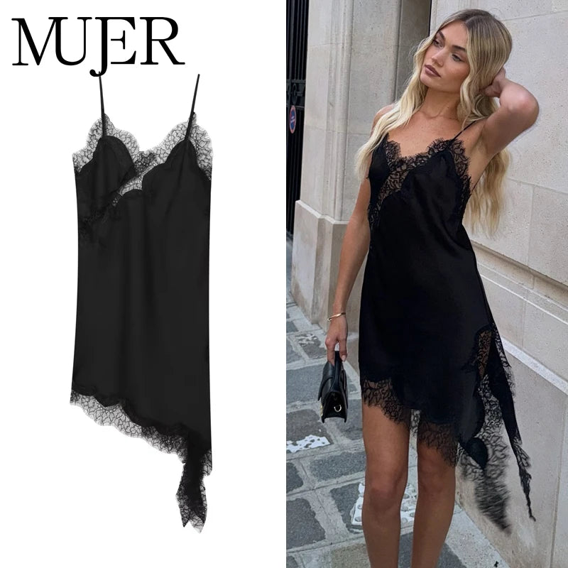 MUJER 2026 Lace Slip Dress Woman Black Backless Short Dresses.