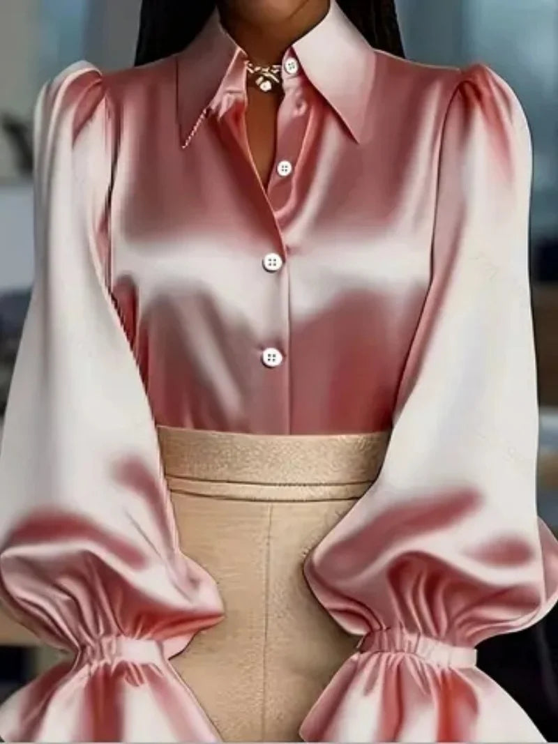 Elegant Satin Blouse with Ruffled Cuff Sleeves and Button-Down Collar.