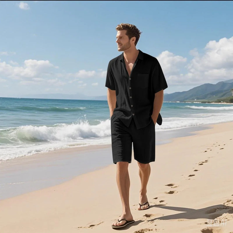 Summer Men's suit is a linen shirt short-sleeved and two-piece shorts set.